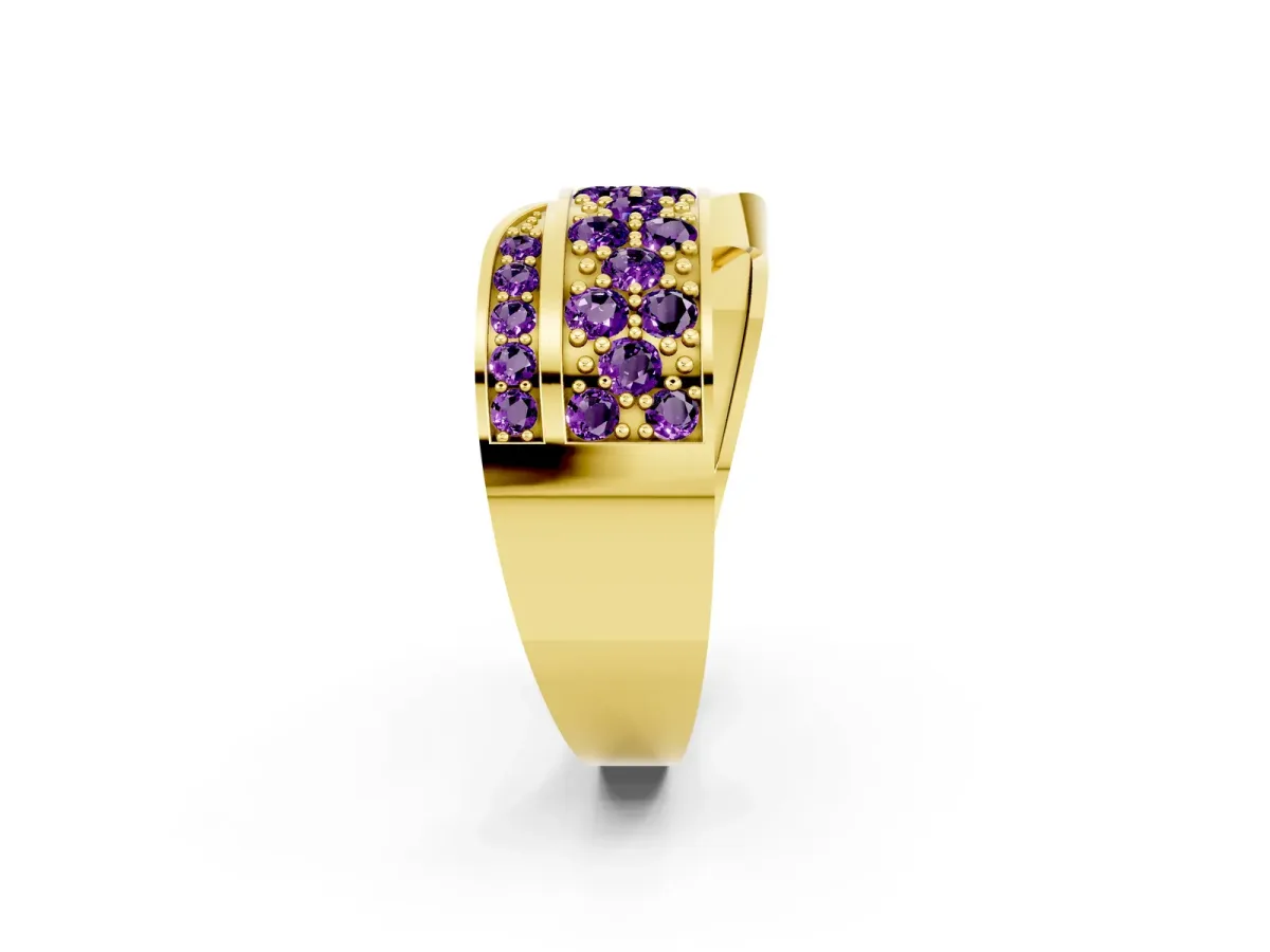 Pavé Round Amethyst Crossover Band with Bead Prong Setting Yellow gold
