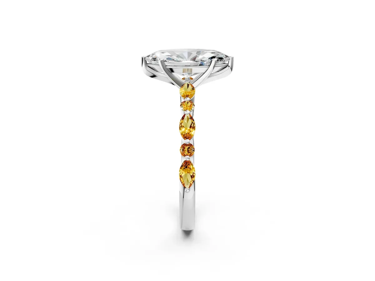 Marquise Cut Diamond Ring with Marquise and Round Citrine Side Stones and Four-Prong Setting Silver