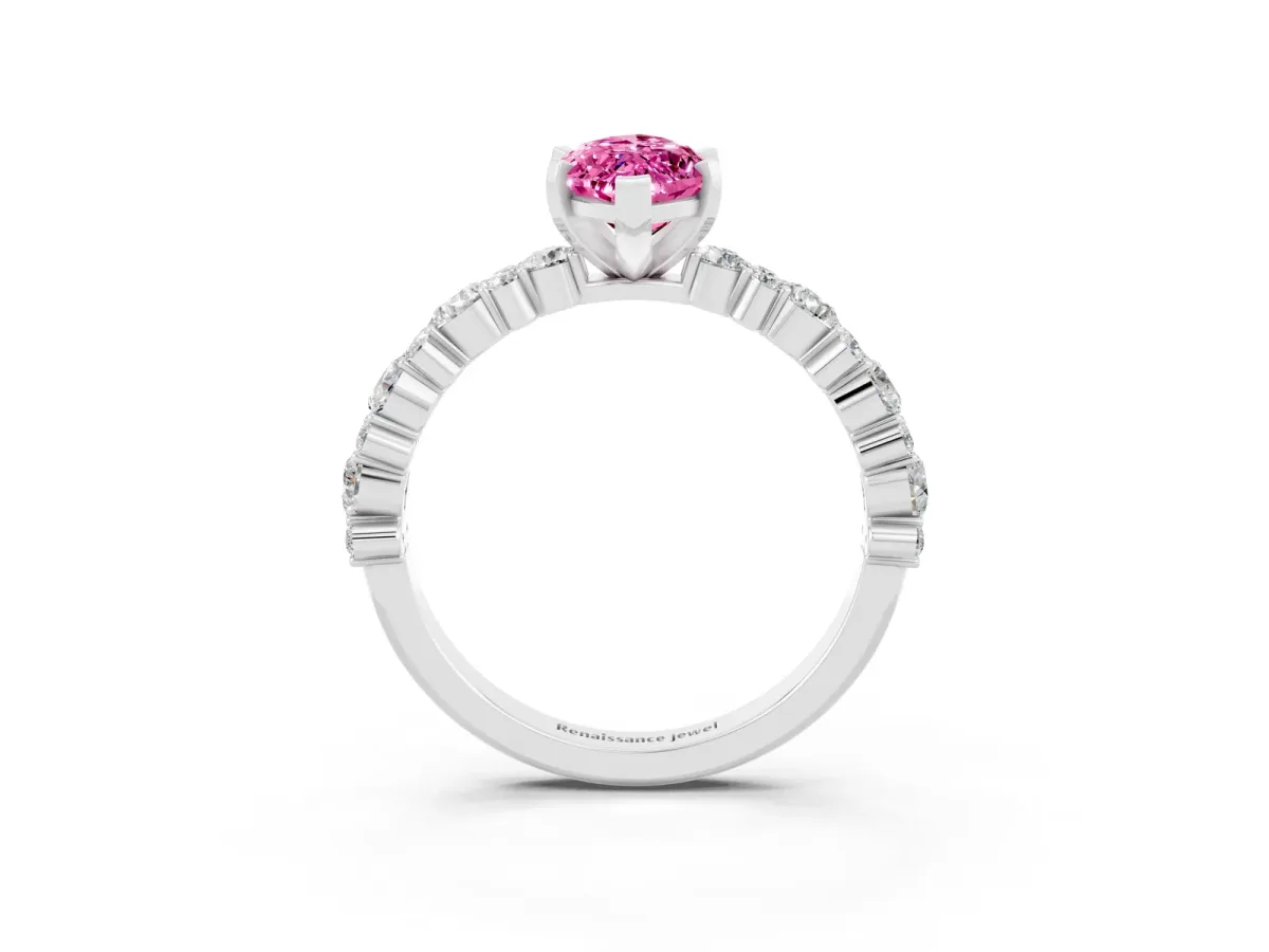 Marquise Cut Pink Sapphire Side Stone Solitaire Ring with Round and Four-Prong Setting White gold
