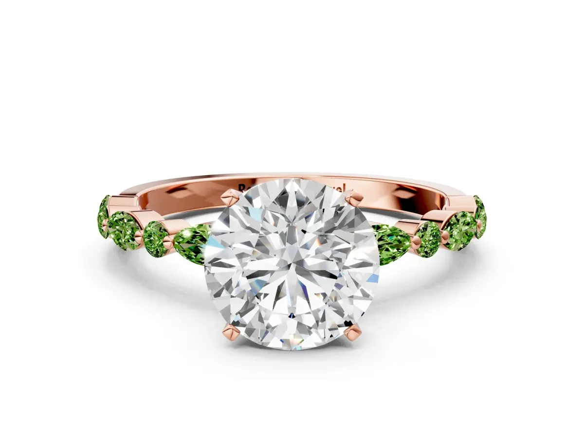 Round Cut Diamond Ring with Marquise and Round Peridot Side Stones and Four-Prong Setting Rose gold