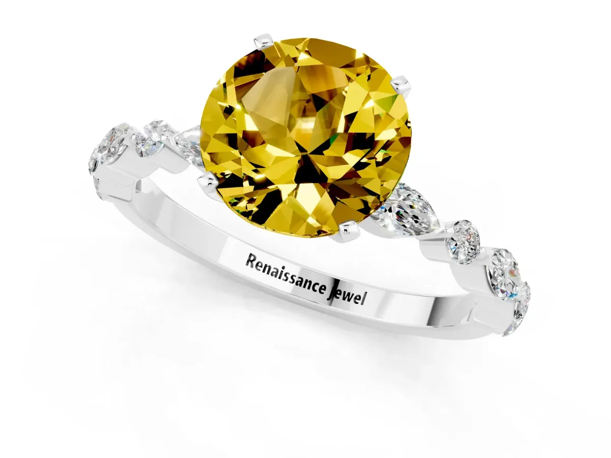 Round Cut Yellow Sapphire Ring with Marquise and Round Side Stones and Four-Prong Setting Silver