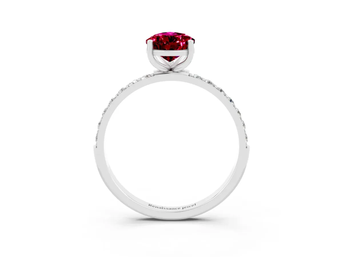 Pear Cut Garnet Solitaire Ring with Round Pavé Band and Prong Setting Platinum