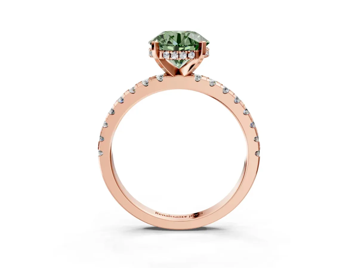 Fancy Green Round Cut Diamond Solitaire Ring with Round Pavé Band and Four-Prong Setting Rose gold