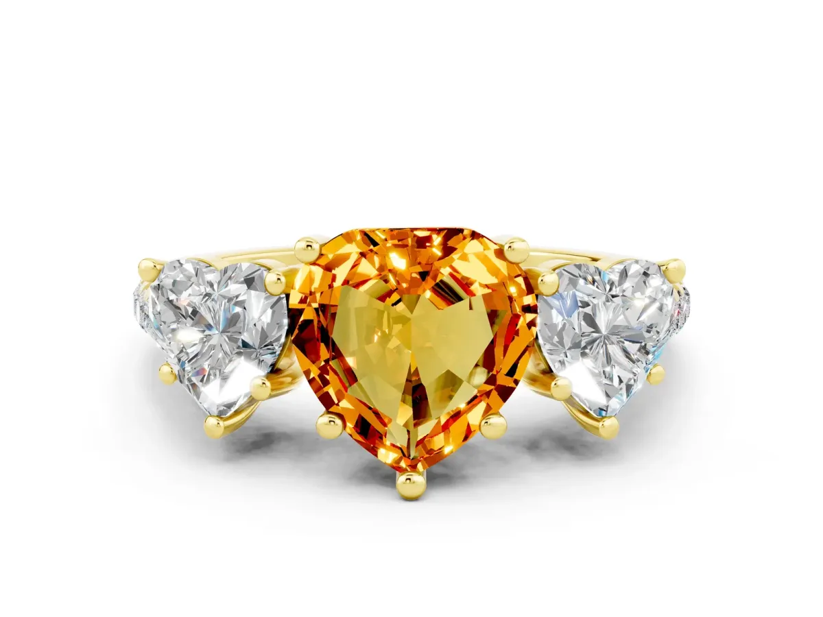 Three-Stone Heart Cut Citrine Ring with Round Pavé Band and Prong Setting Yellow gold