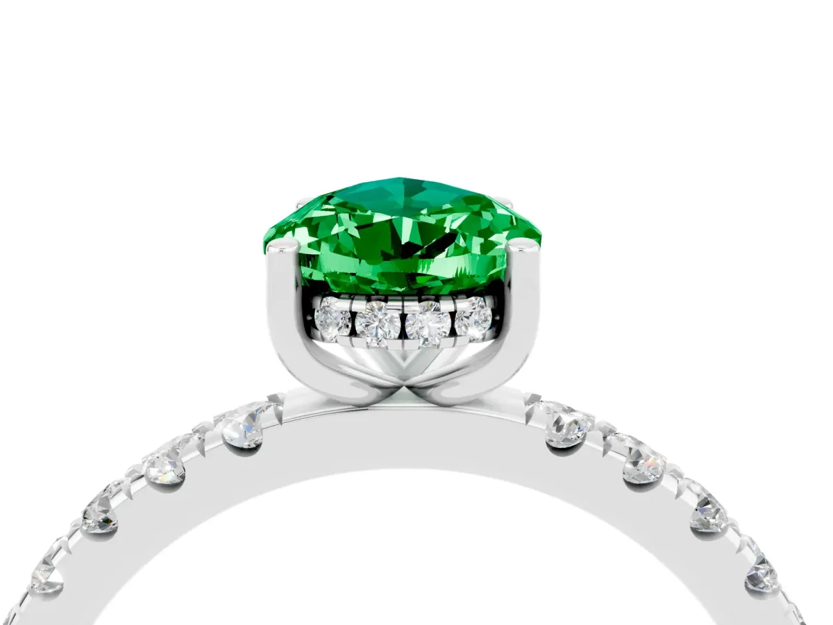 Pear Cut Emerald Pave Band Solitaire Ring with Round and Prong Setting Platinum
