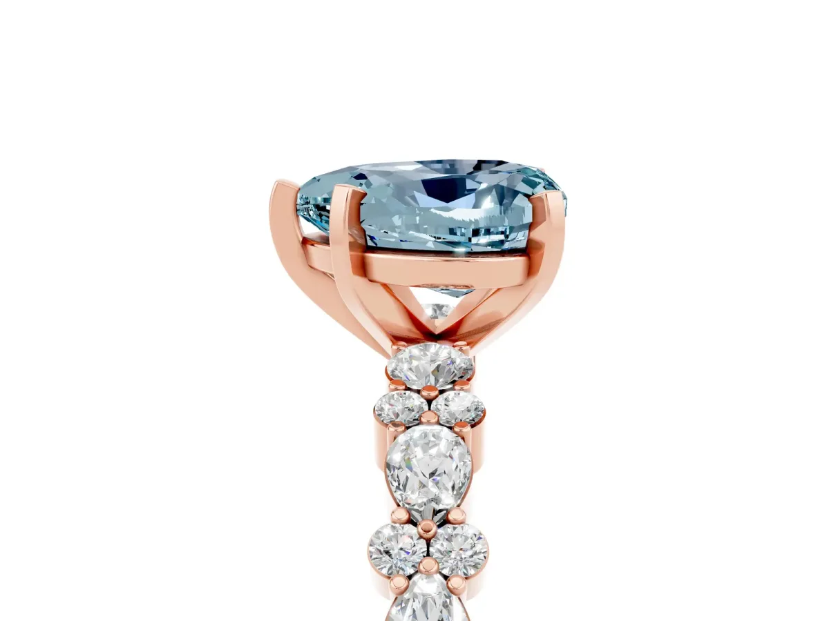 Heart Cut Aquamarine Side Stone Solitaire Ring with Round and Four-Prong Setting Rose gold