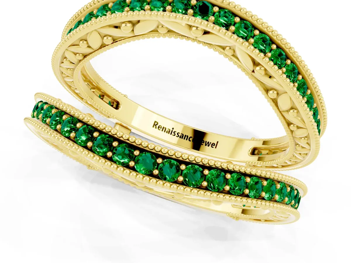 Round Emerald Milgrain Eternity Band with Channel Setting Yellow gold