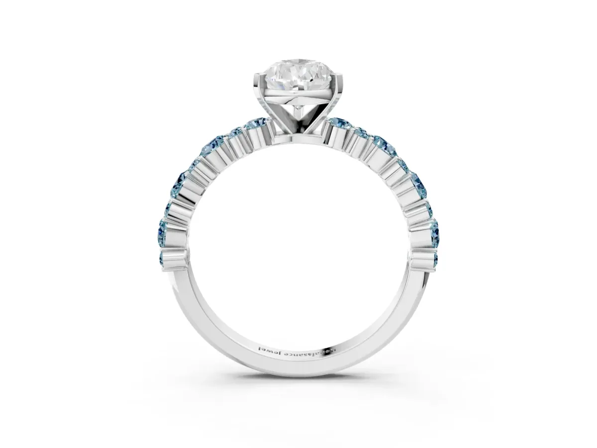 Pear Cut Diamond Side Stone Solitaire Ring with Round Aquamarine and Four-Prong Setting White gold