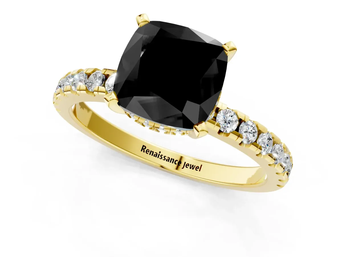 Fancy Black Cushion Cut Diamond Solitaire Ring with Round Pavé Band and Four-Prong Setting Yellow gold