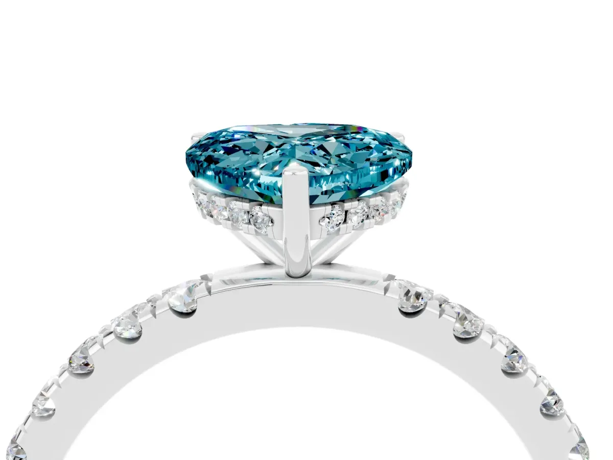 Heart Cut Blue Topaz Pave Band Solitaire Ring with Round and Prong Setting Platinum