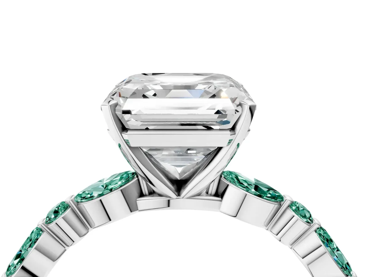 Asscher Cut Diamond Ring with Marquise and Round Green Sapphire Side Stones and Four-Prong Setting Platinum