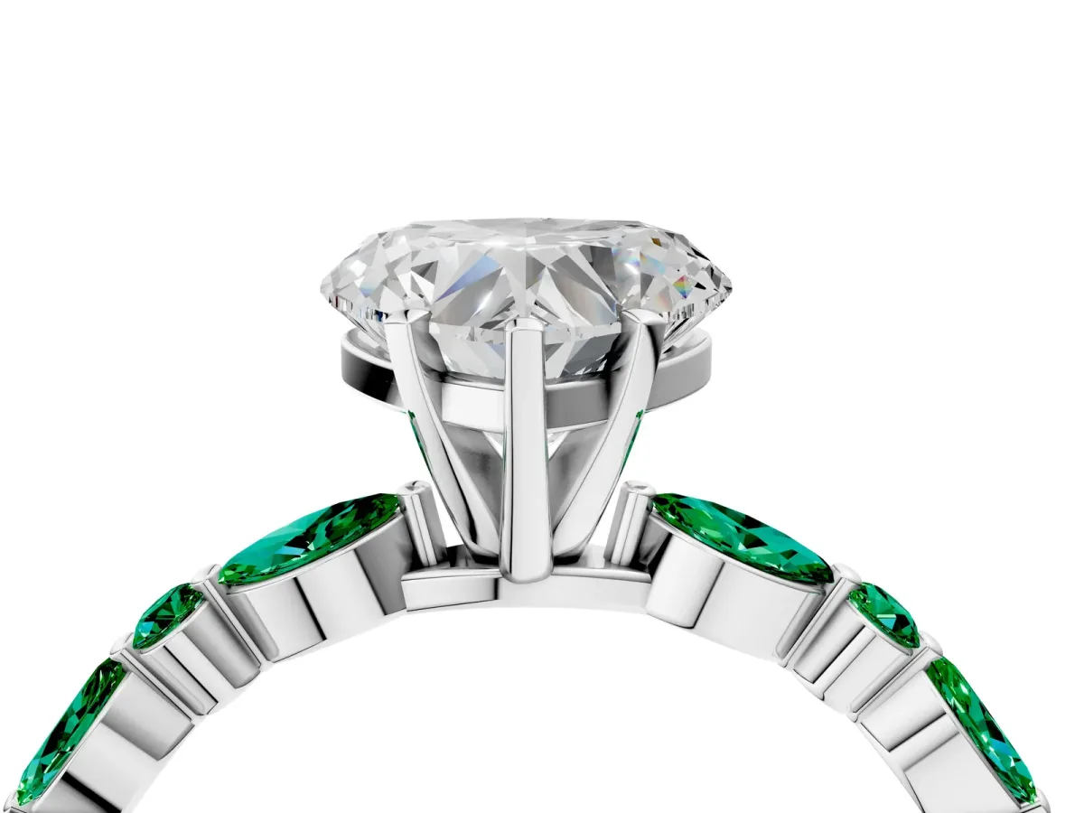 Heart Cut Diamond Ring with Marquise and Round Emerald Side Stones and Four-Prong Setting Platinum