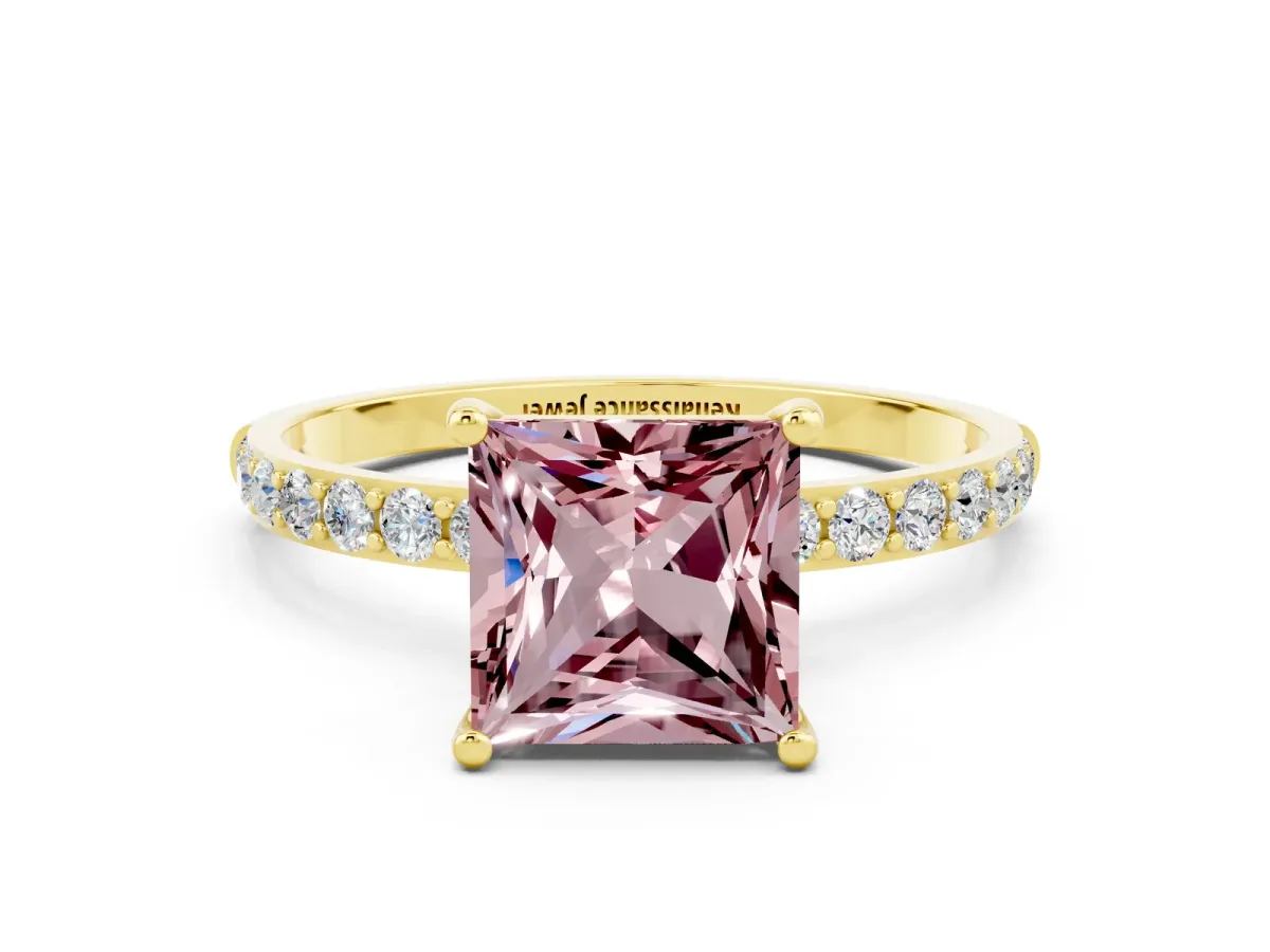 Princess Cut Morganite Solitaire Ring with Round Pavé Band and Prong Setting Yellow gold