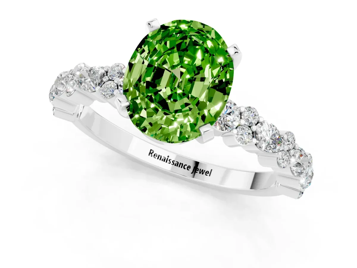 Oval Cut Peridot Side Stone Solitaire Ring with Round and Four-Prong Setting White gold