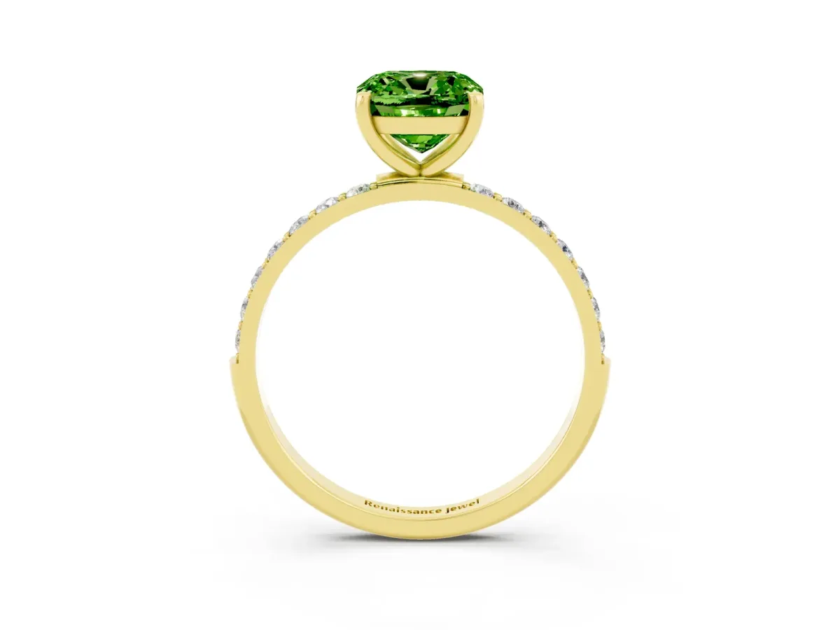 Cushion Cut Peridot Solitaire Ring with Round Pavé Band and Prong Setting Yellow gold