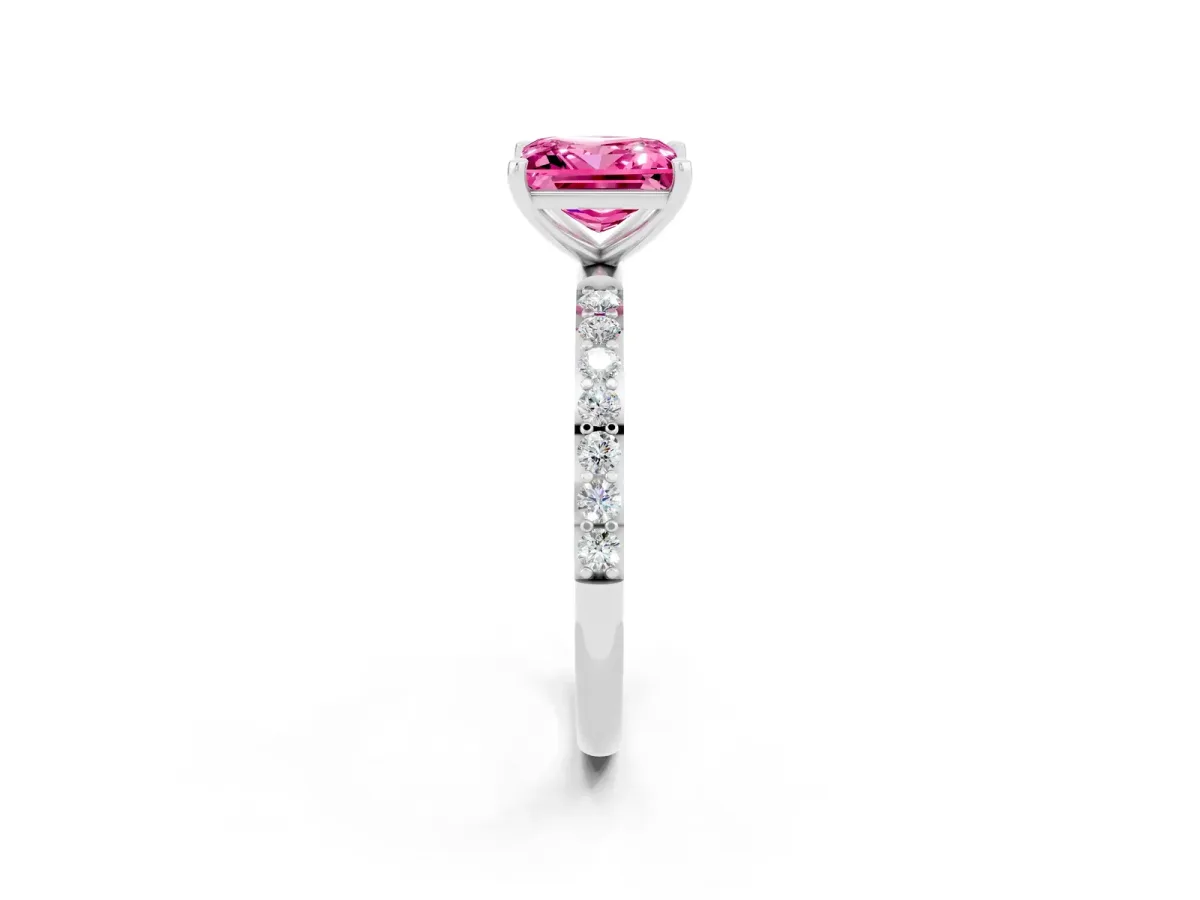 Princess Cut Pink Sapphire Solitaire Ring with Round Pavé Band and Prong Setting Silver