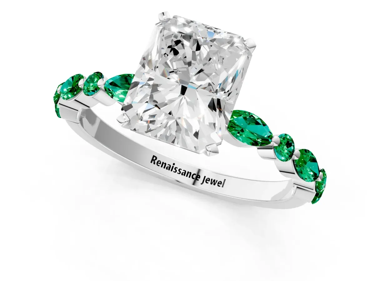 Radiant Cut Diamond Ring with Marquise and Round Emerald Side Stones and Four-Prong Setting Platinum