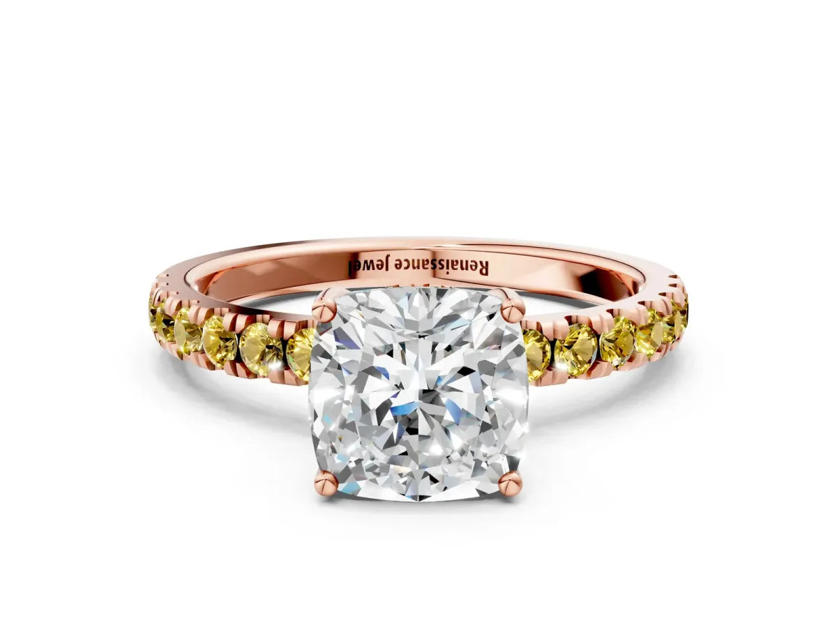 Cushion Cut Diamond Pave Band Solitaire Ring with Round Yellow Sapphire and Prong Setting Rose gold