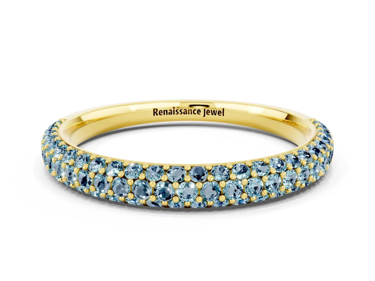 Round Aquamarine Pavé Eternity Band with Shared Prong Setting Yellow gold