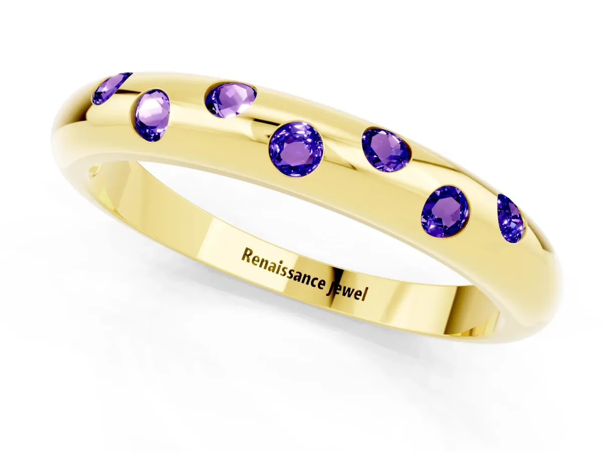 Round Tanzanite Flush-Set Comfort Fit Band Yellow gold
