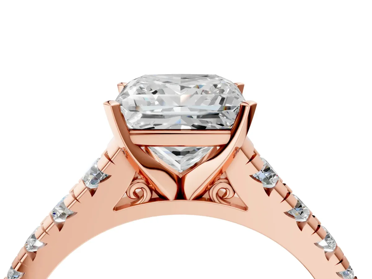 Princess Cut Diamond Cathedral Solitaire Ring with Round Pavé Band Rose gold