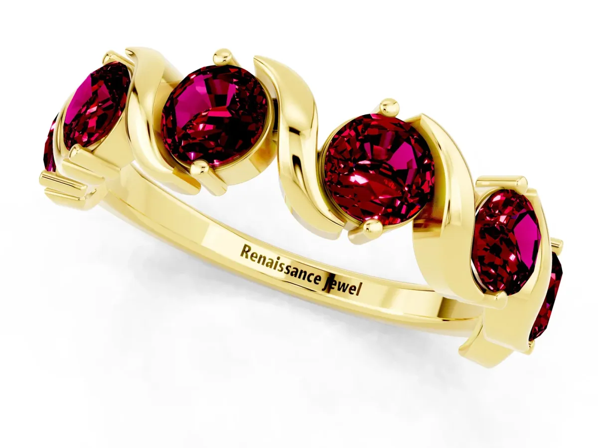 Round Garnet Half Eternity Band with Wave Prong Setting Yellow gold