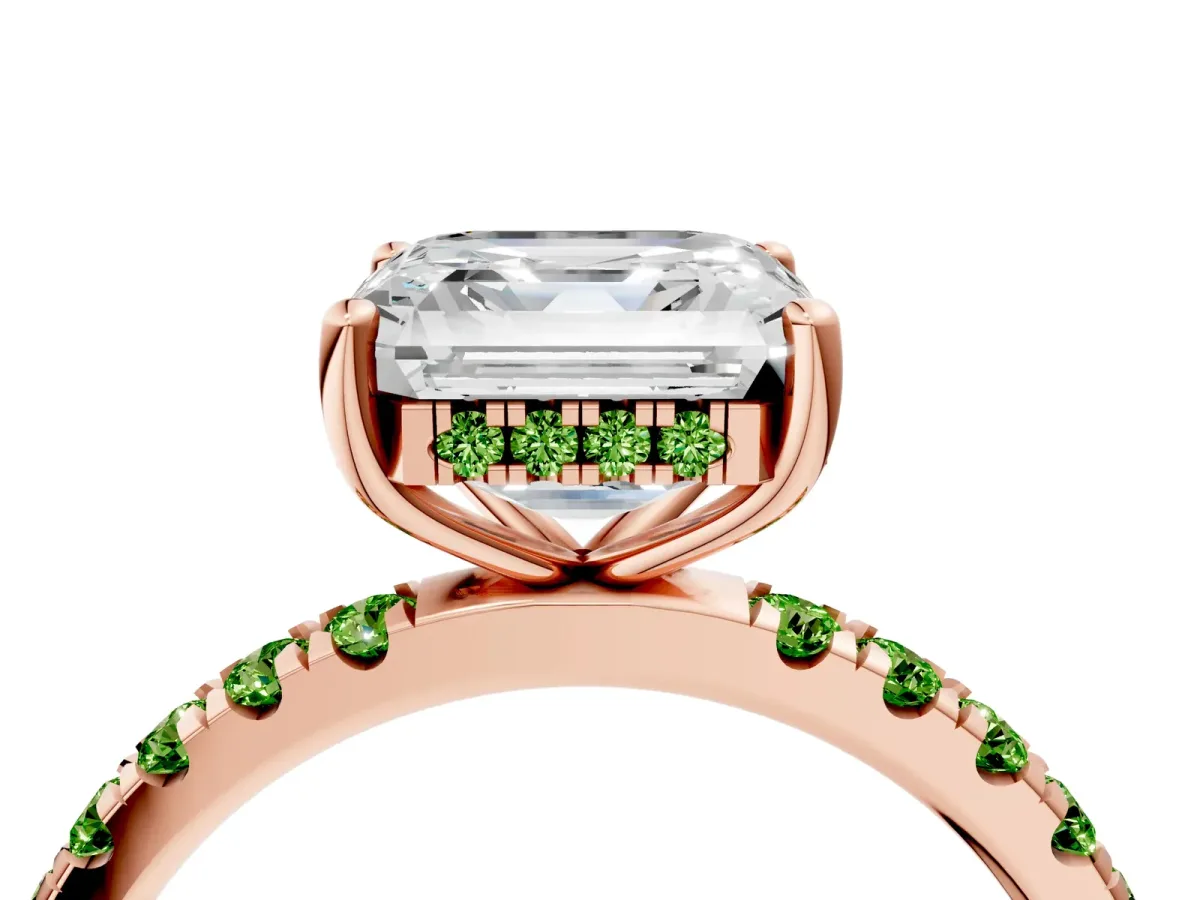 Asscher Cut Diamond Pave Band Solitaire Ring with Round Peridot and Prong Setting Rose gold