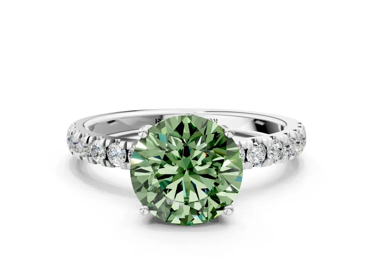 Fancy Green Round Cut Diamond Pave Band Solitaire Ring with Round and Prong Setting Platinum