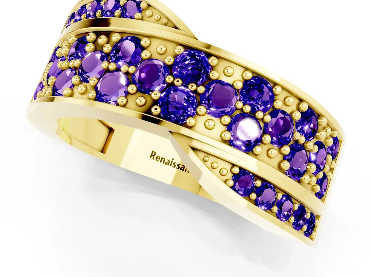 Pavé Round Tanzanite Crossover Band with Bead Prong Setting Yellow gold