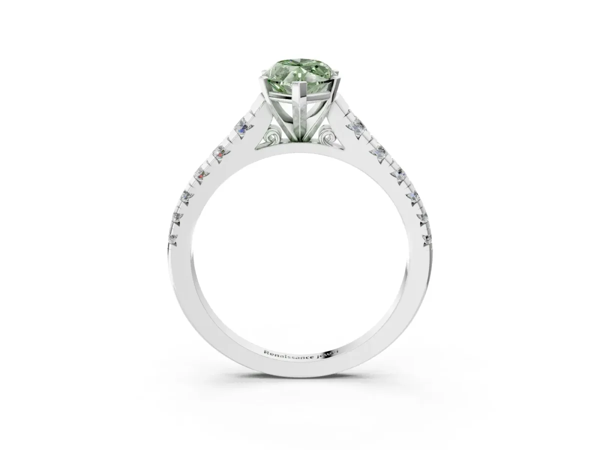 Fancy Green Marquise Cut Diamond Cathedral Solitaire Ring with Round Pavé Band Platinum