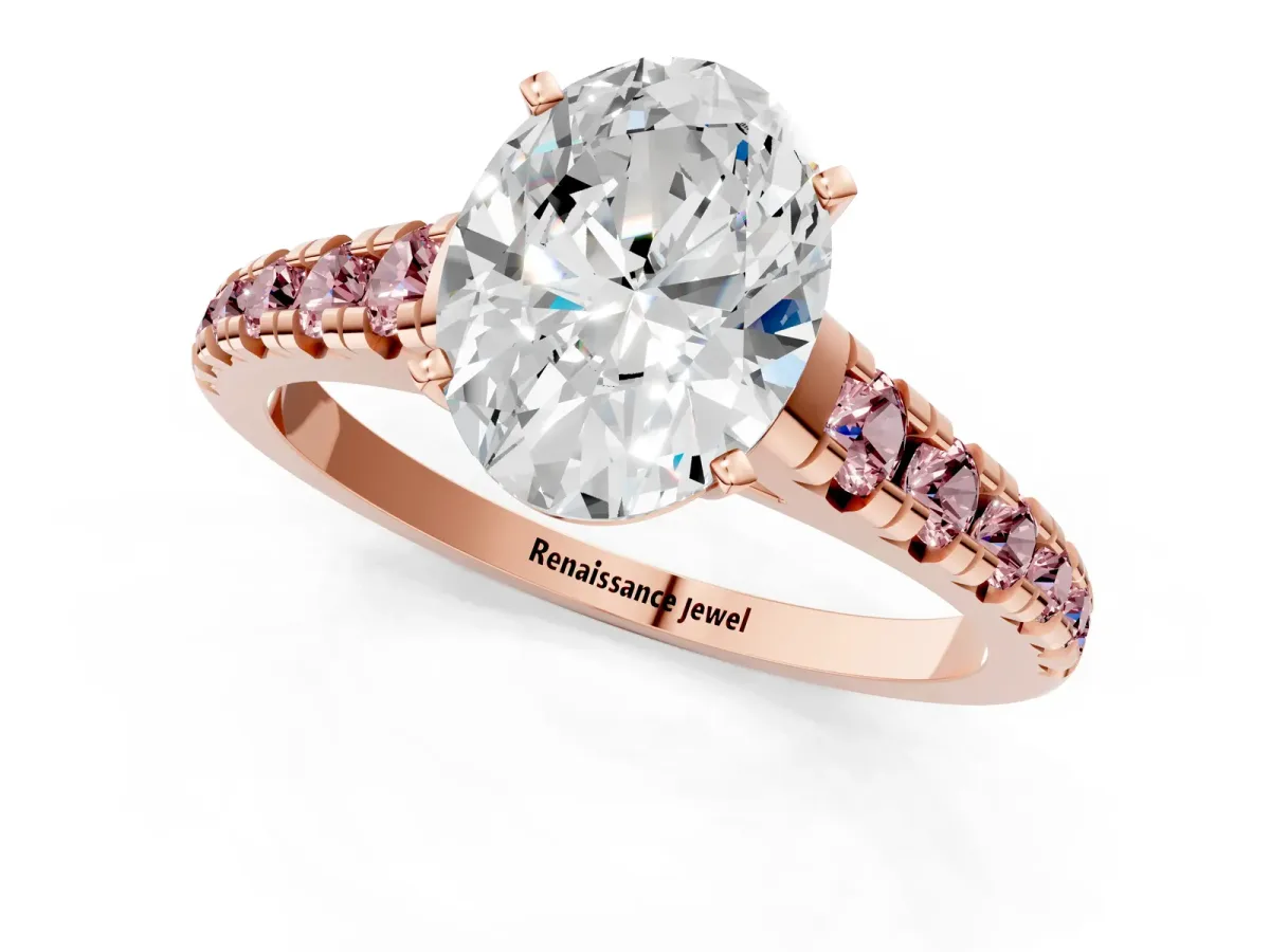Oval Cut Diamond Cathedral Solitaire Ring with Round Morganite Pavé Band Rose gold