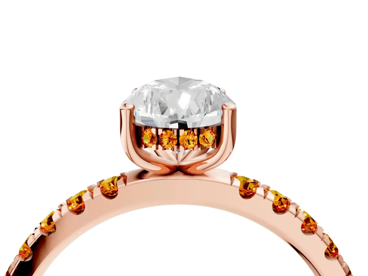 Pear Cut Diamond Pave Band Solitaire Ring with Round Citrine and Prong Setting Rose gold