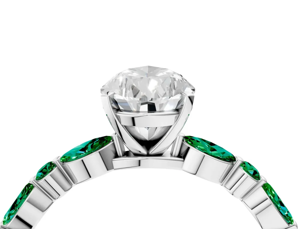 Pear Cut Diamond Ring with Marquise and Round Emerald Side Stones and Four-Prong Setting Silver