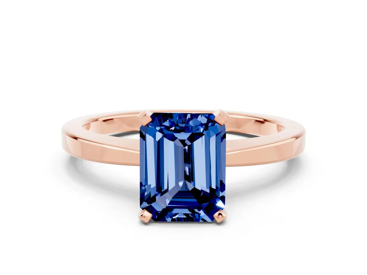 Emerald Cut Blue Sapphire Solitaire Engagement Ring with Classic Band and Four-Prong Setting Rose gold