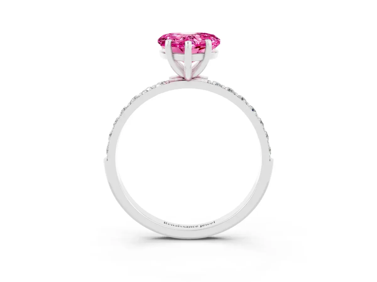 Heart Cut Pink Sapphire Solitaire Ring with Round Pavé Band and Prong Setting Platinum