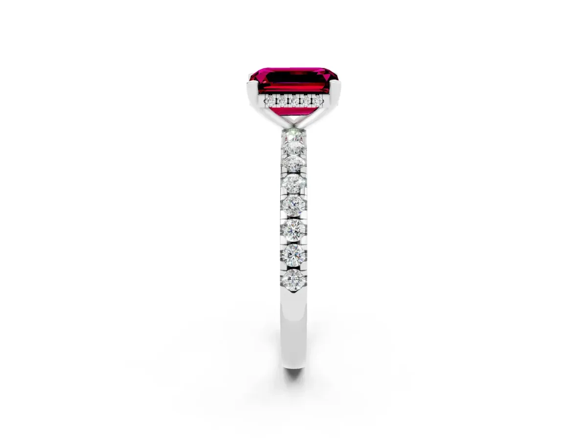 Emerald Cut Garnet Solitaire Ring with Round Pavé Band and Four-Prong Setting White gold