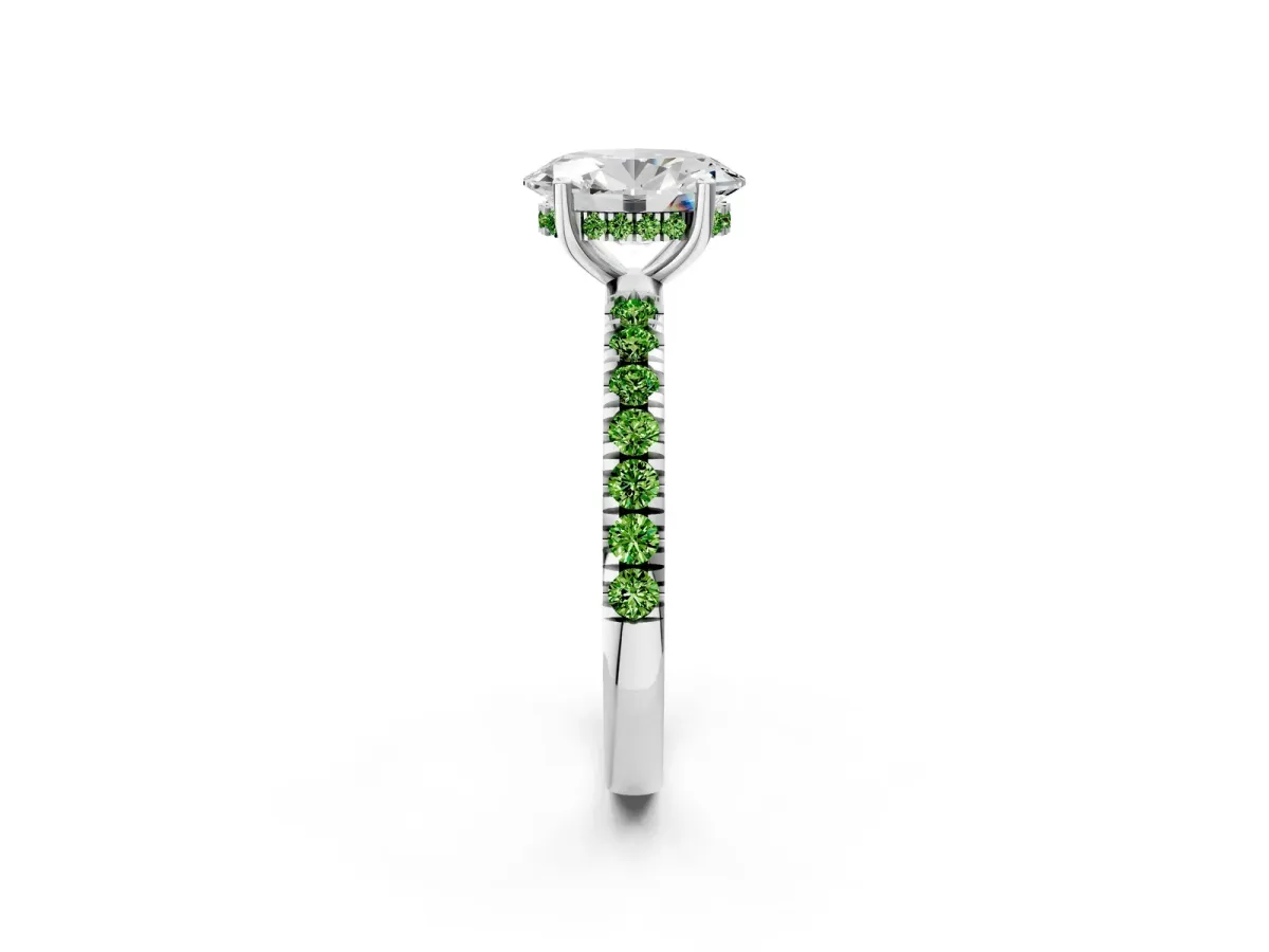 Oval Cut Diamond Pave Band Solitaire Ring with Round Peridot and Prong Setting Platinum