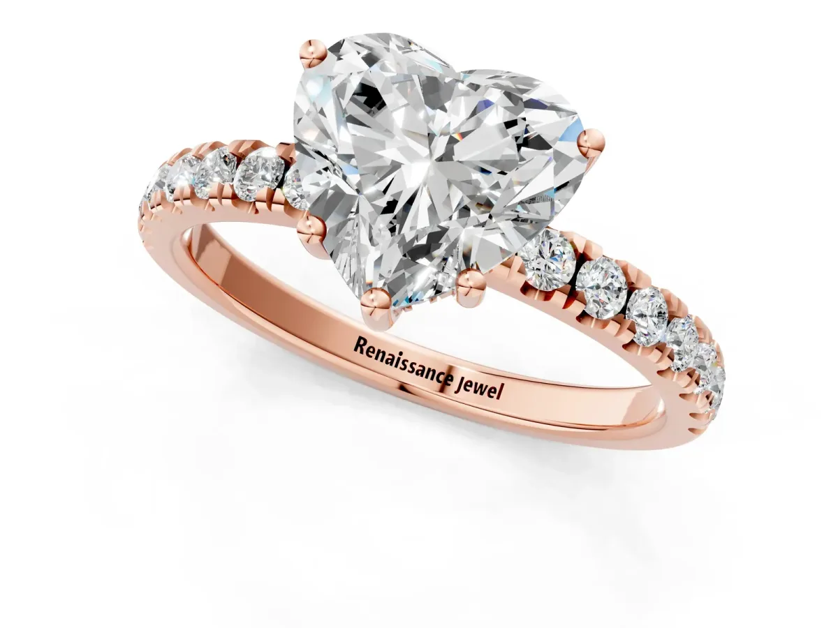 Heart Cut Diamond Pave Band Solitaire Ring with Round Moissanite and Prong Setting Rose gold
