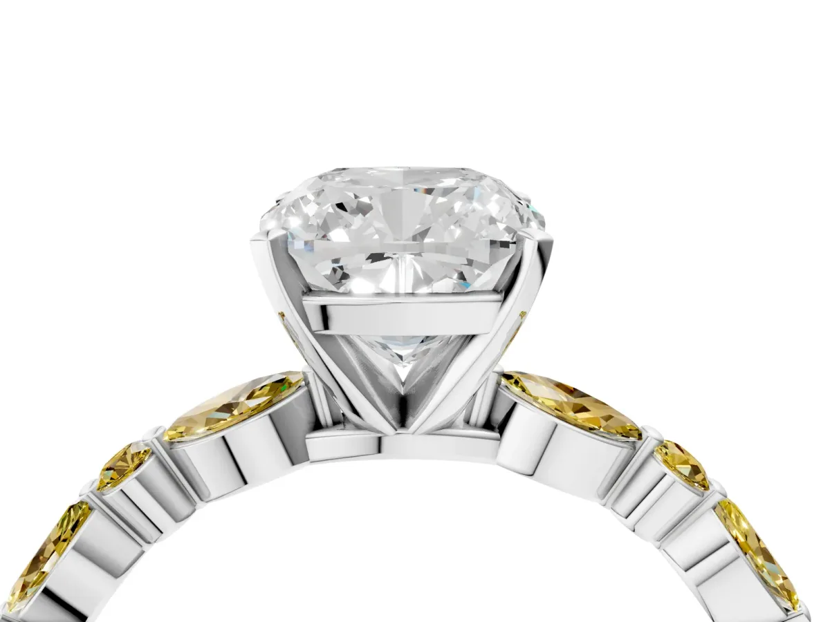 Cushion Cut Diamond Ring with Marquise and Round Yellow Sapphire Side Stones and Four-Prong Setting Silver