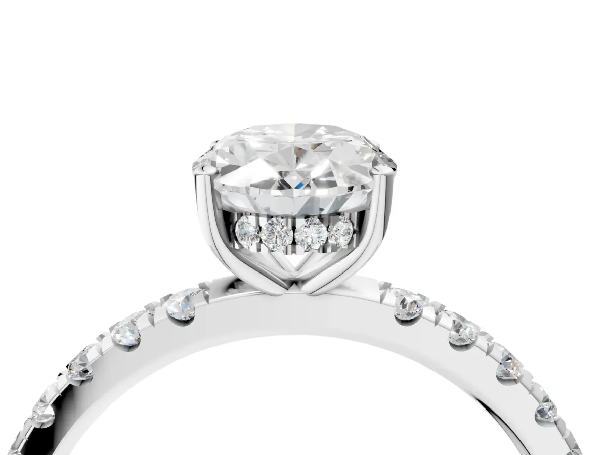Oval Cut Diamond Pave Band Solitaire Ring with Round Moissanite and Prong Setting White gold