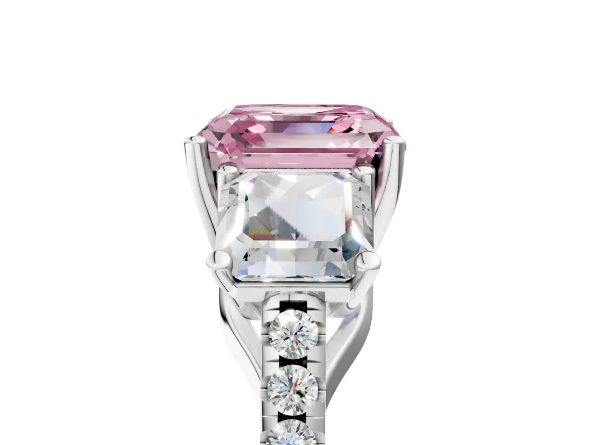 Fancy Pink Three-Stone Asscher Cut Diamond Ring with Round Pavé Band and Prong Setting Silver
