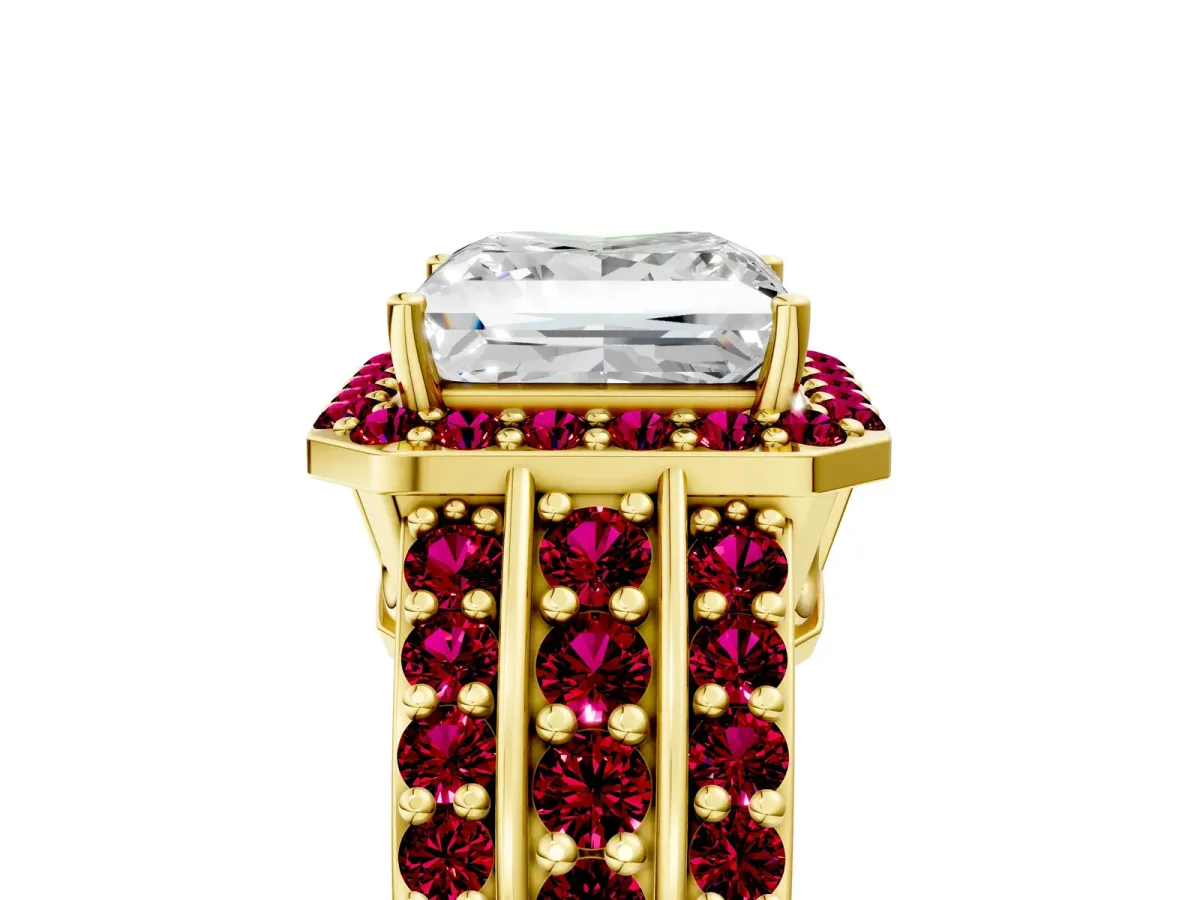 Princess Cut Halo Diamond Ring with Round Garnet Split Shank and Prong Setting Yellow gold