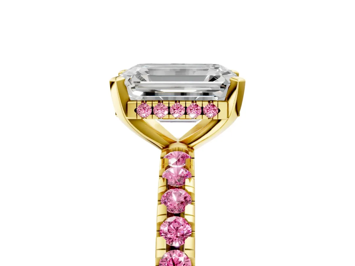 Emerald Cut Diamond Solitaire Ring with Round Pink Sapphire Pavé Band and Four-Prong Setting Yellow gold