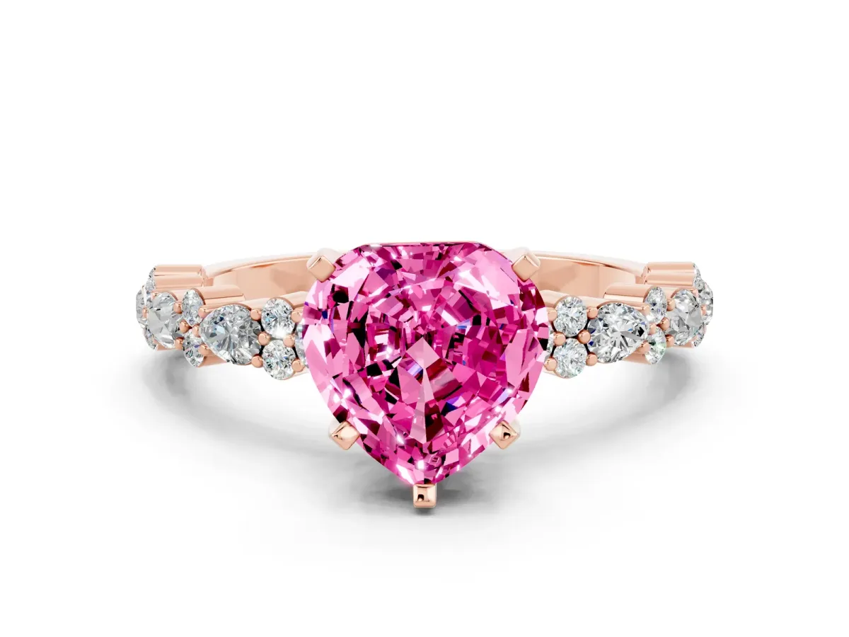 Heart Cut Pink Sapphire Side Stone Solitaire Ring with Round and Four-Prong Setting Rose gold