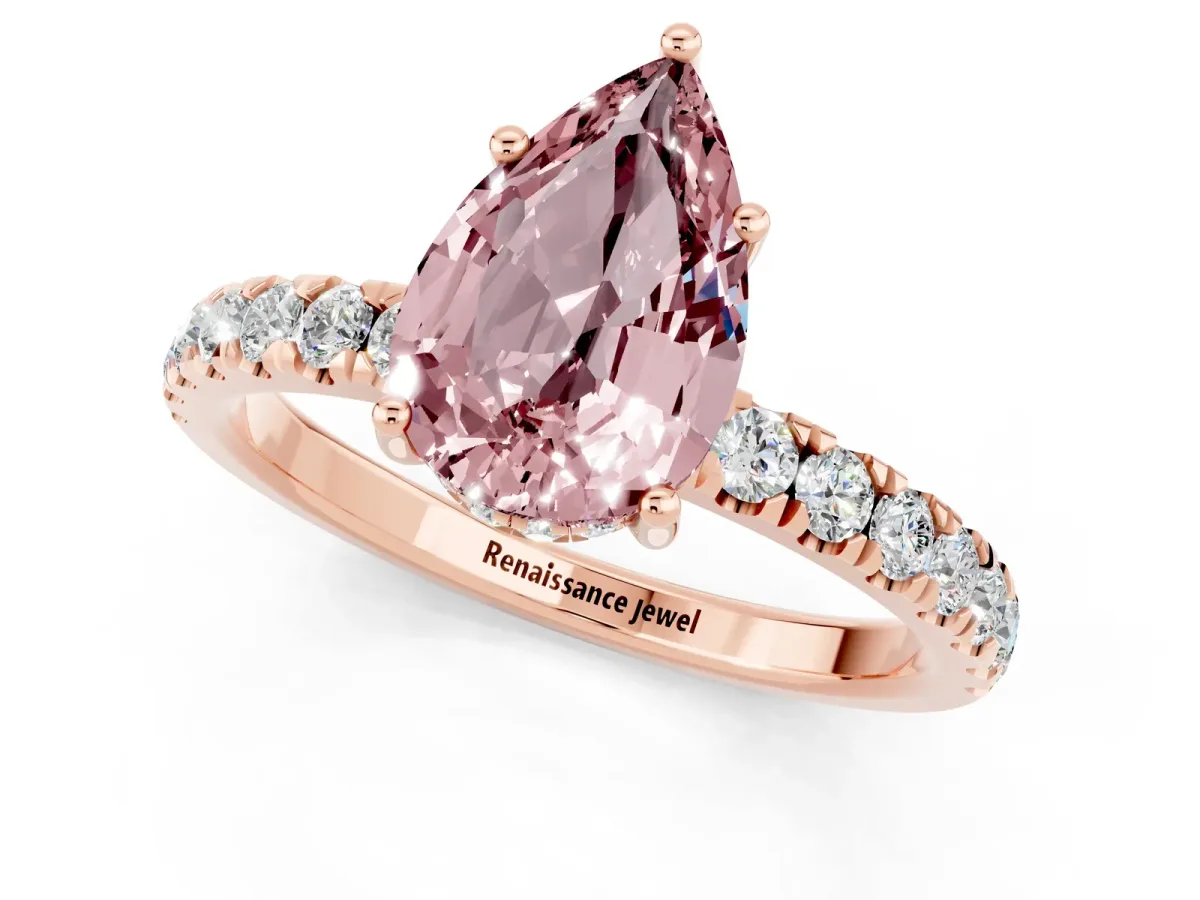 Pear Cut Morganite Pave Band Solitaire Ring with Round and Prong Setting Rose gold