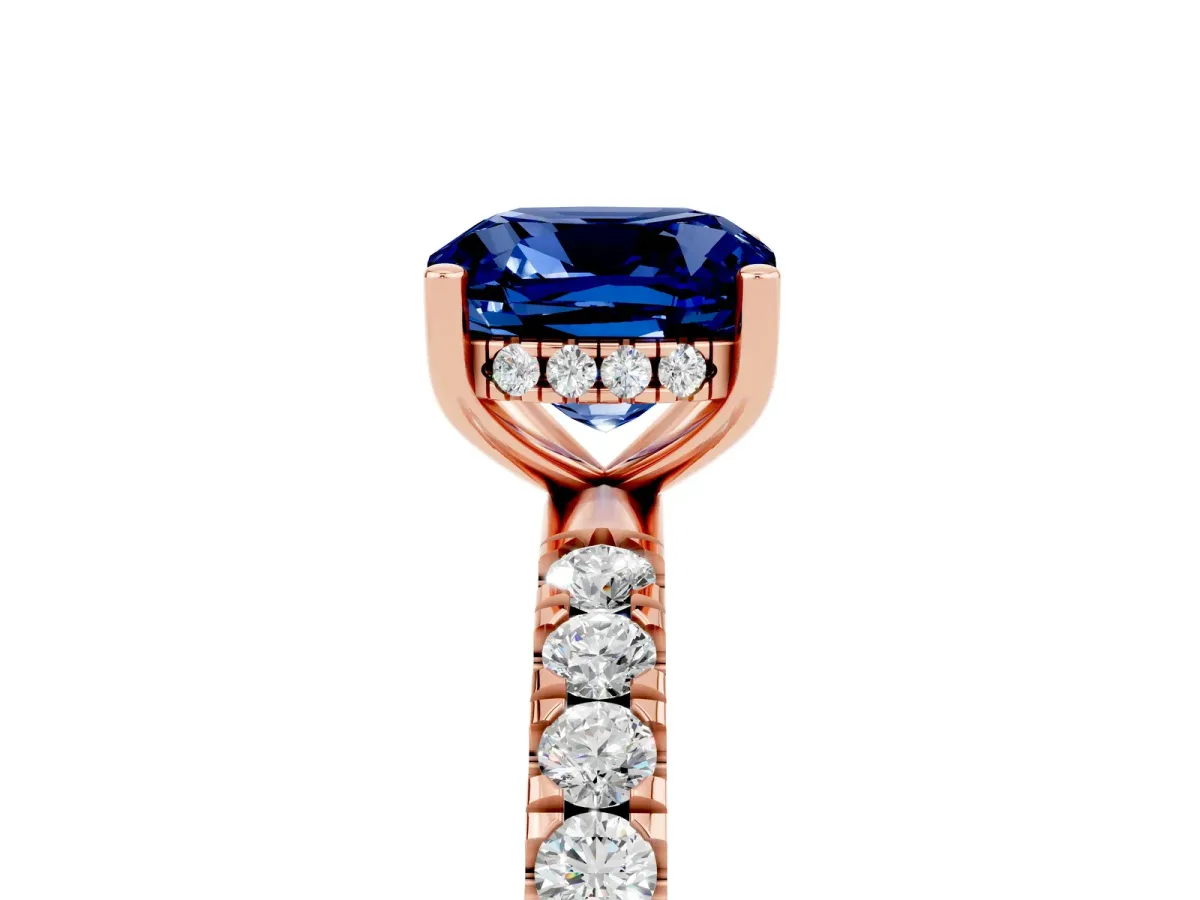 Cushion Cut Blue Sapphire Pave Band Solitaire Ring with Round and Prong Setting Rose gold