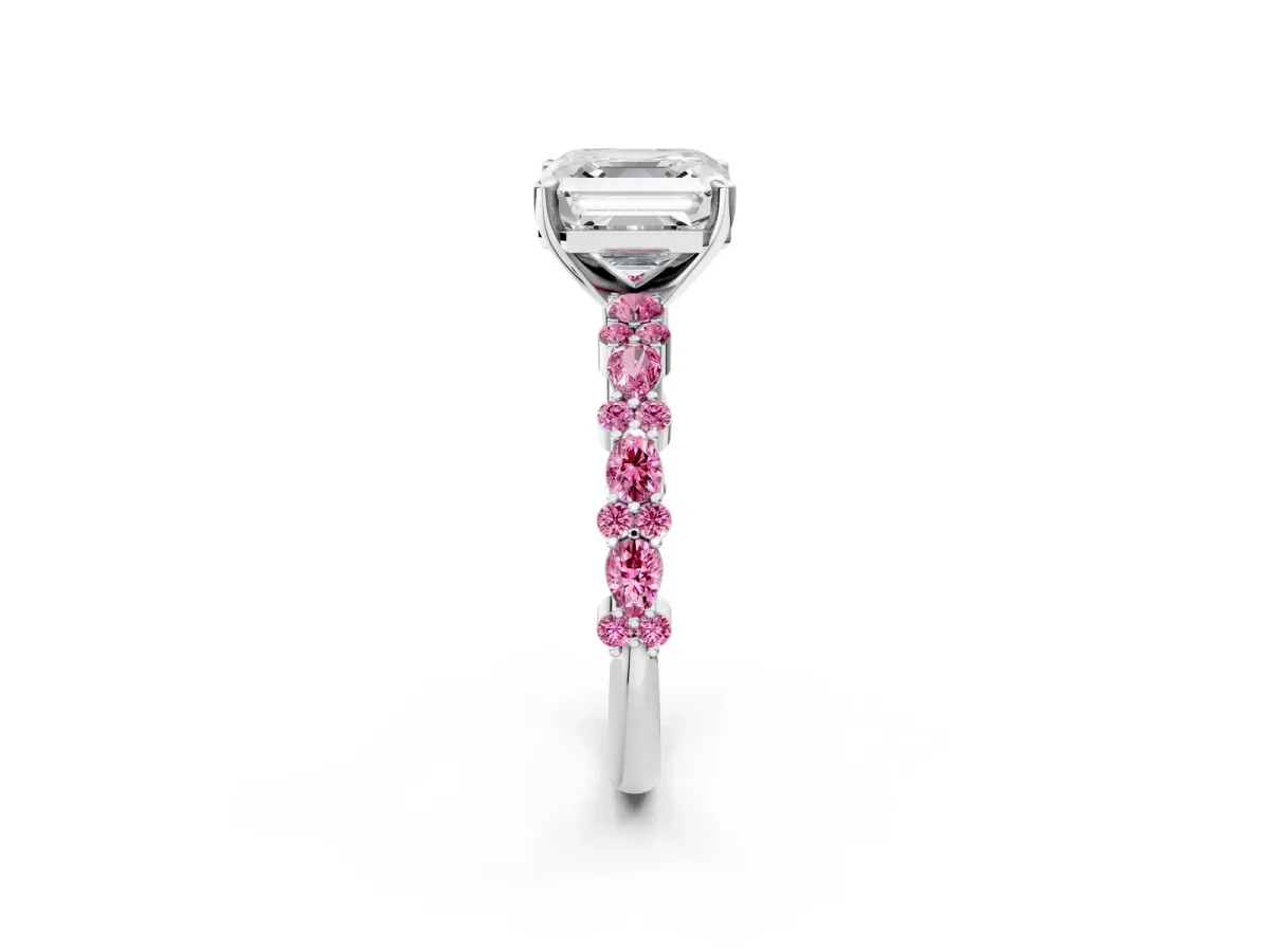 Asscher Cut Diamond Side Stone Solitaire Ring with Round Pink Sapphire and Four-Prong Setting Silver