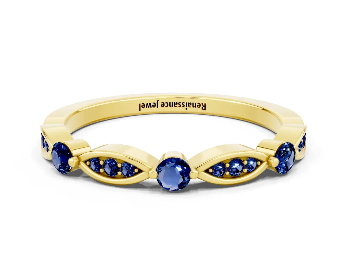 Marquise and Round Blue Sapphire Milgrain Band with Bezel Setting Yellow gold