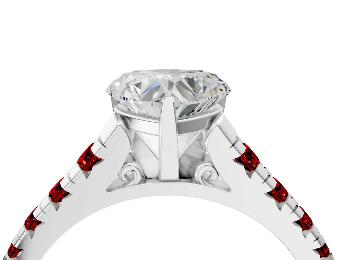 Heart Cut Diamond Cathedral Solitaire Ring with Round Ruby Pavé Band White gold