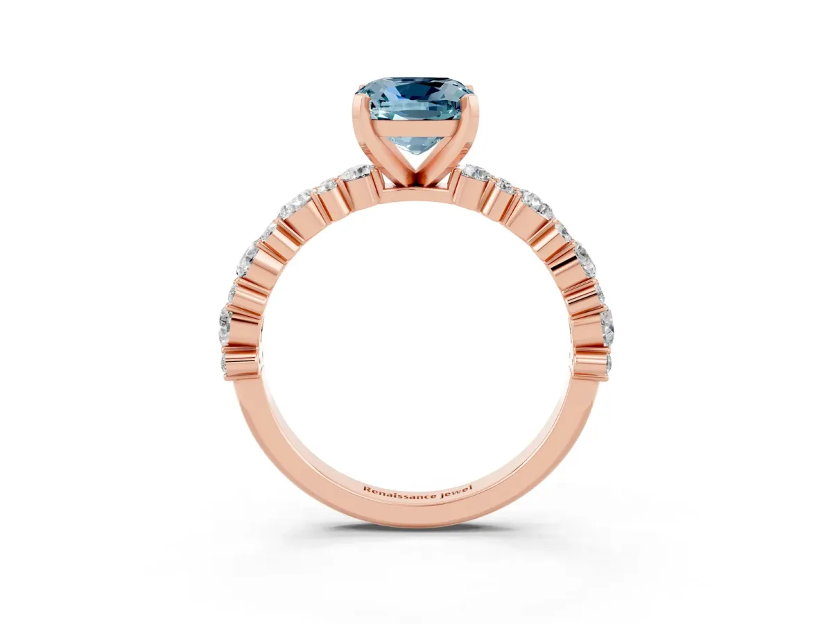 Cushion Cut Aquamarine Side Stone Solitaire Ring with Round and Four-Prong Setting Rose gold